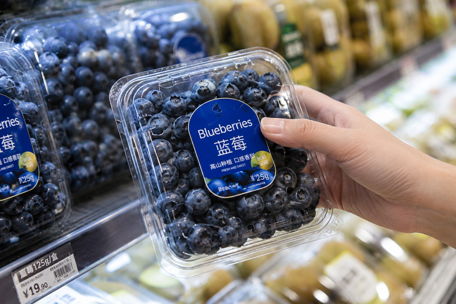 A close-up of a shopper selecting fresh blueberries in a Chinese supermarket, highlighting the year-round availability of premium fruit.