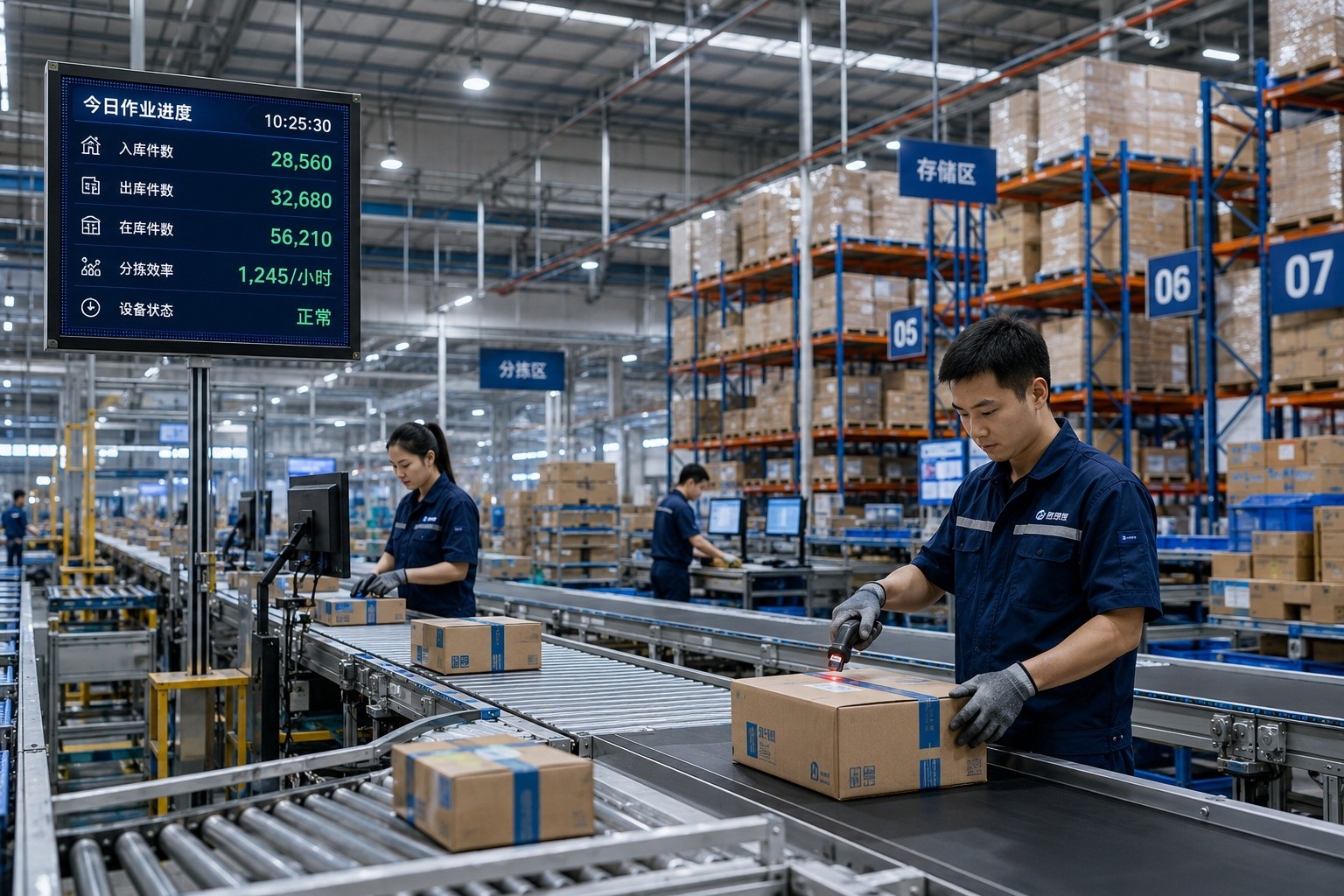 Inside a high-tech logistics hub in China, showing the efficiency of the supply chain that supports rural revitalization and urban food distribution.