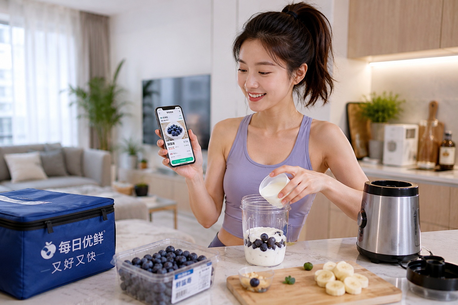 A young consumer enjoying fresh berries in her home, reflecting the shift in Chinese lifestyle towards health-conscious and convenient eating habits.