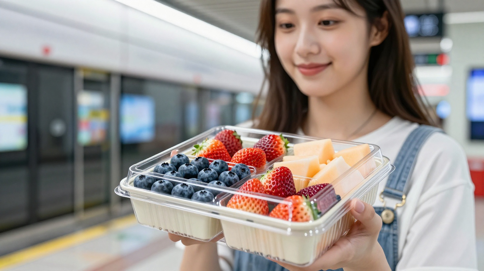 A young professional holding a pre-cut fruit box in an urban setting, representing the convenience and healthy eating trends of Chinese Gen Z.