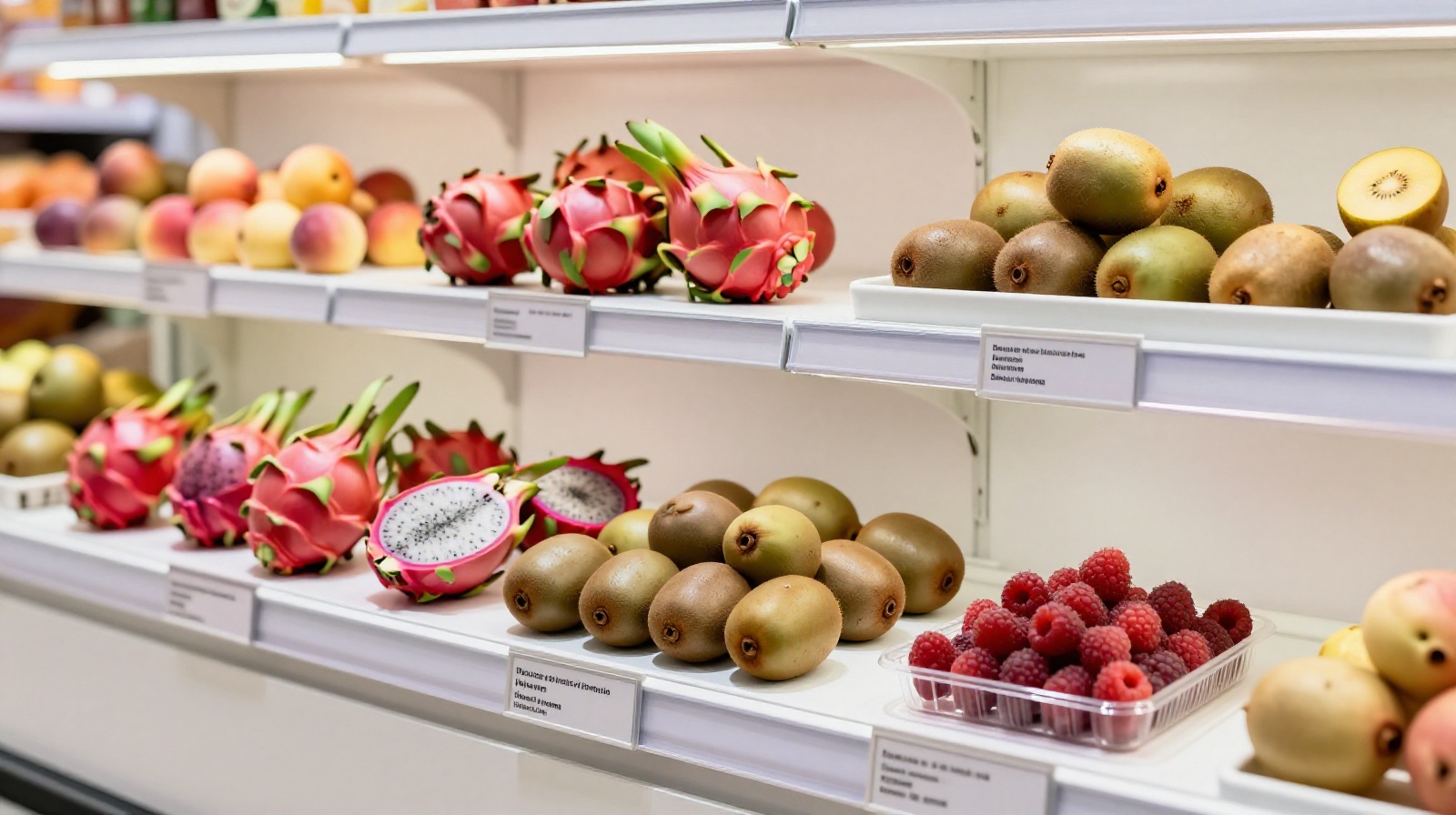 Elegant packaging and vibrant exotic fruits like dragon fruit and golden kiwi in a modern Chinese supermarket, reflecting the aesthetic economy of food.