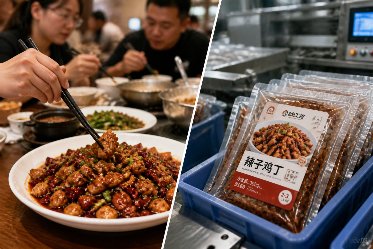 Customers dining at a Chinese restaurant juxtaposed with pre-made meal packaging, illustrating the public debate over restaurant transparency.