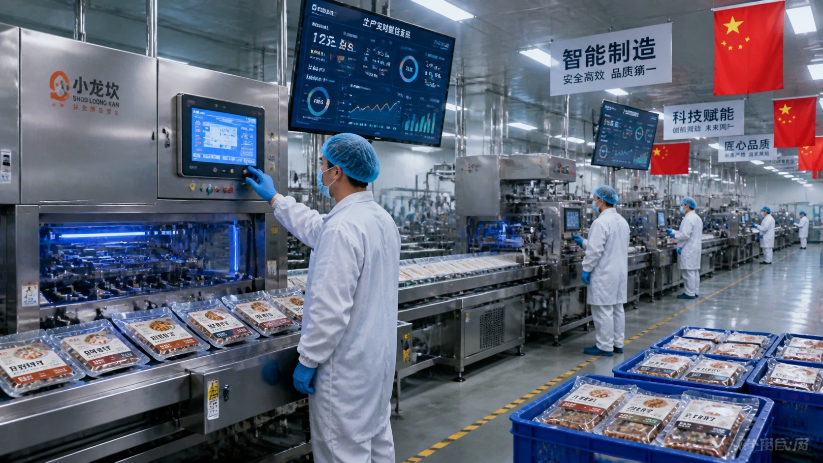 Workers operating advanced vacuum sealing technology in a modern Chinese food manufacturing plant.