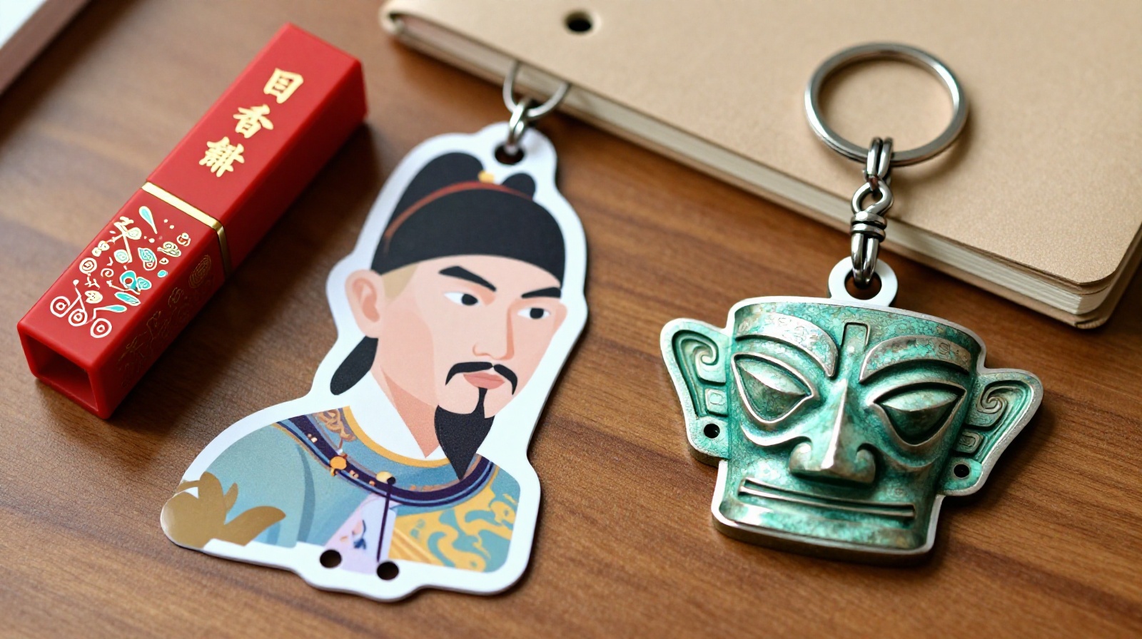 Assortment of popular Chinese museum merchandise including lipsticks, notebooks, and keychains
