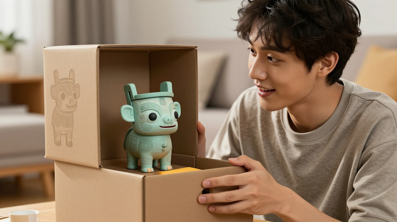 Young collector opening a cultural heritage blind box featuring a miniature ancient artifact