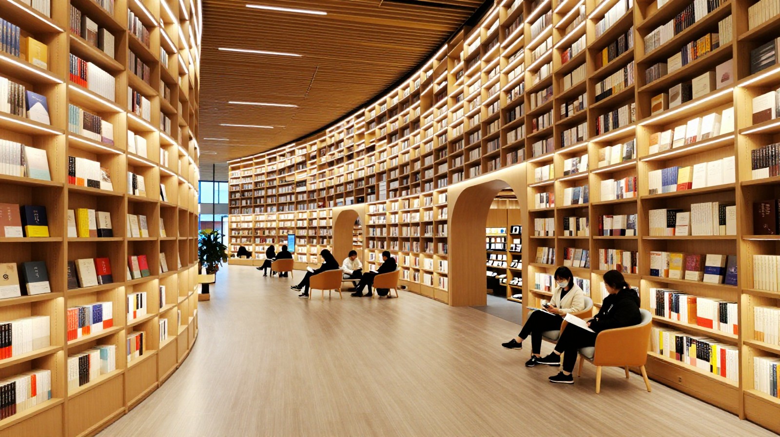 Interior view of a modern 24-hour bookstore in China featuring warm wooden shelves, winding reading pathways, and quiet seating areas under soft lighting.