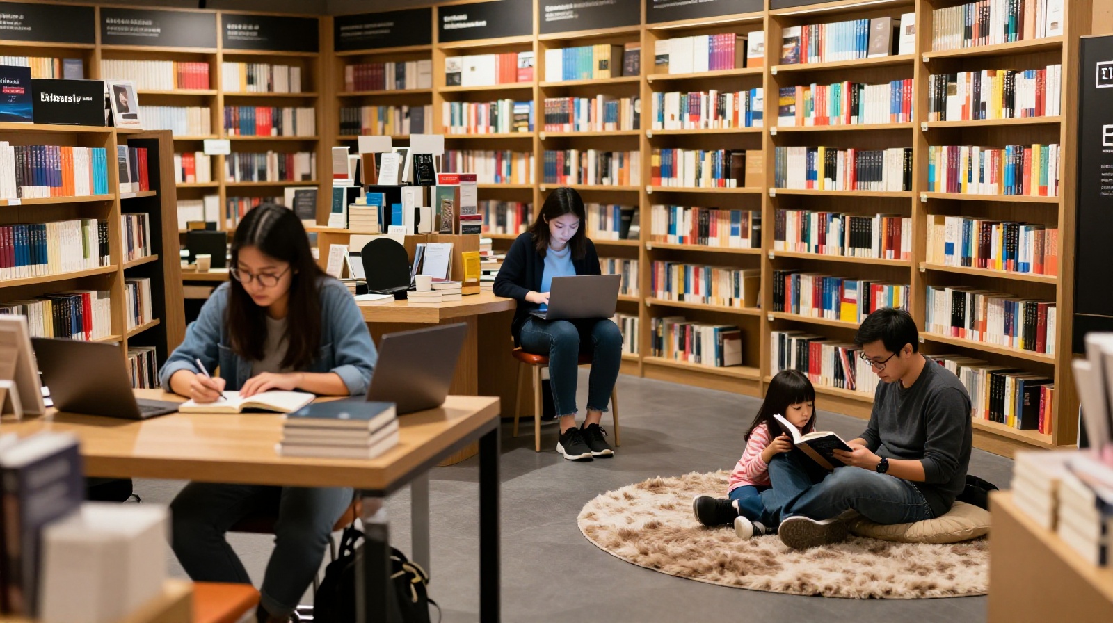 Diverse group of people including students, remote workers, and families quietly reading and working together in a 24-hour bookstore lounge area.