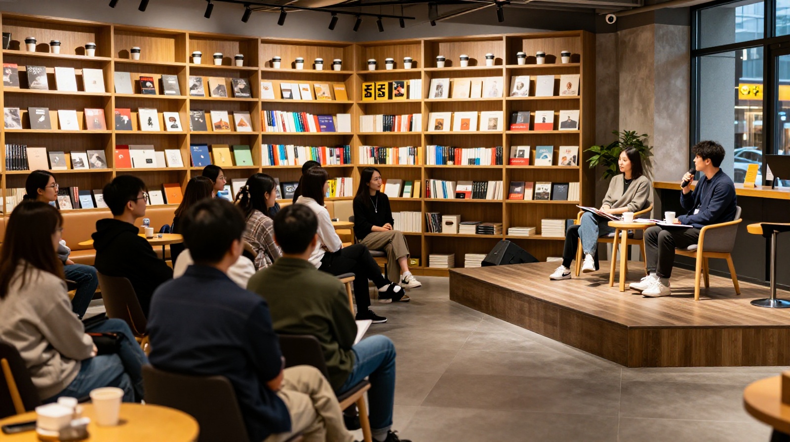 A relaxed evening event at a Chinese bookstore café, where attendees listen to a reading session surrounded by merchandise shelves and coffee tables.