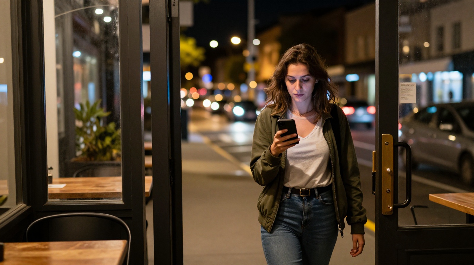 Young Chinese professional scrolling through photos of an exotic pet cafe experience while leaving on a city street at night