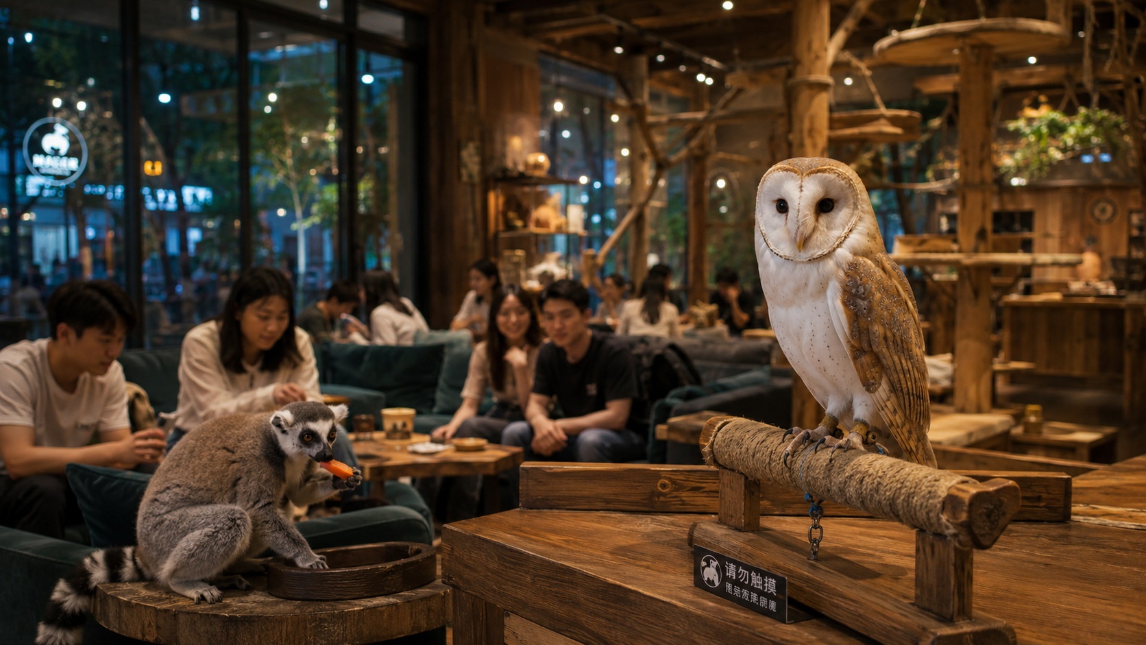 Barn owl and ring-tailed lemur inside a modern exotic pet cafe in Shanghai, with visitors observing from comfortable seating