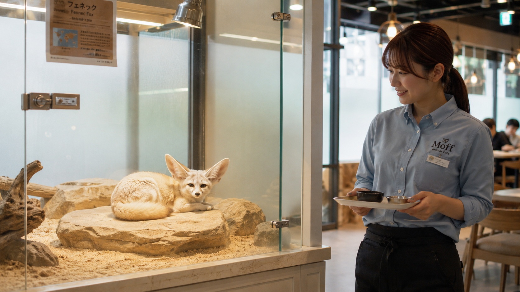 Fennec fox resting in a climate-controlled enclosure at an urban exotic pet lounge, with staff monitoring welfare standards
