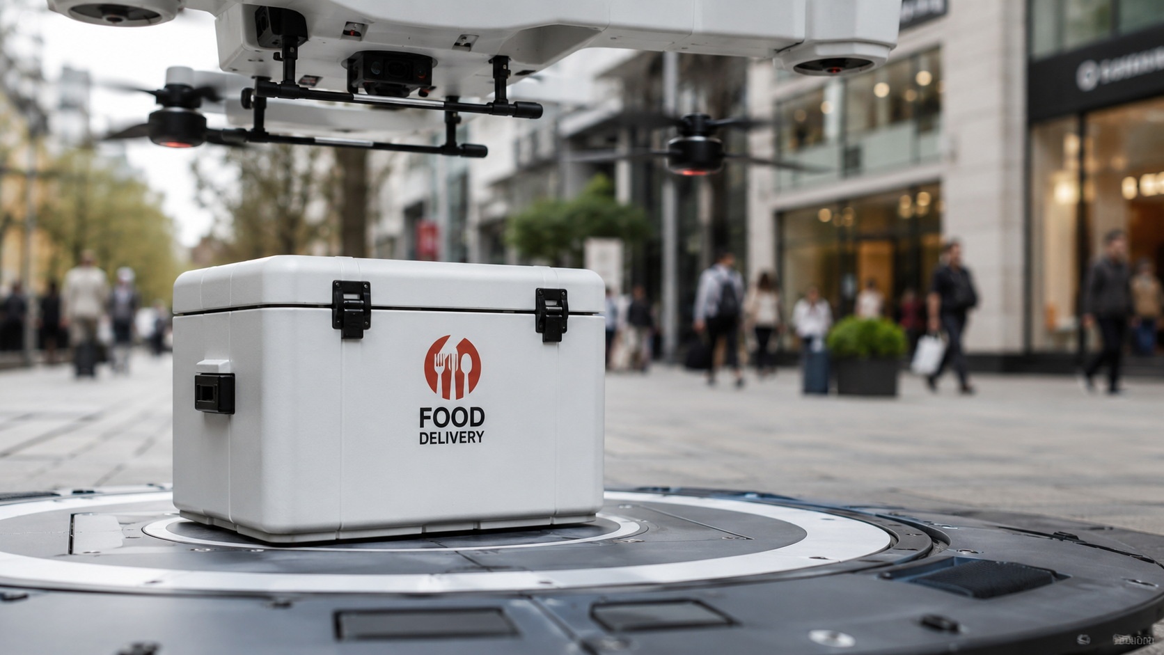 Close-up of a thermal food delivery bag placed on an automated drone landing pad at a commercial building entrance in a Chinese city