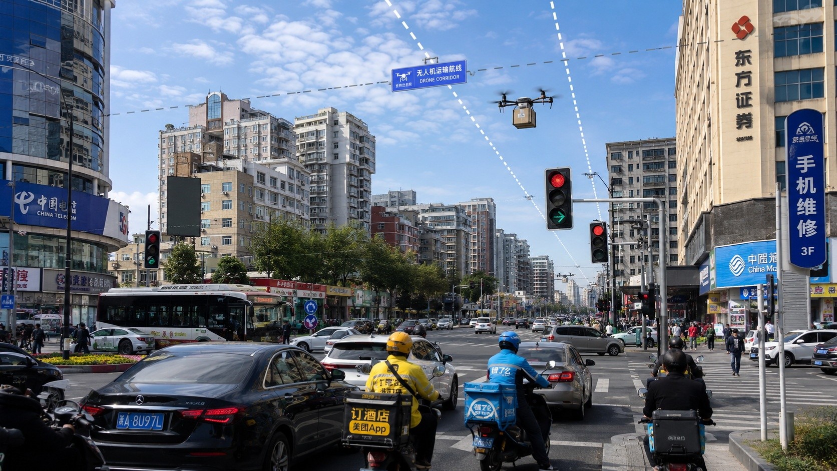 Comparison of ground-level food delivery traffic and overhead drone flight paths in a dense Chinese city district