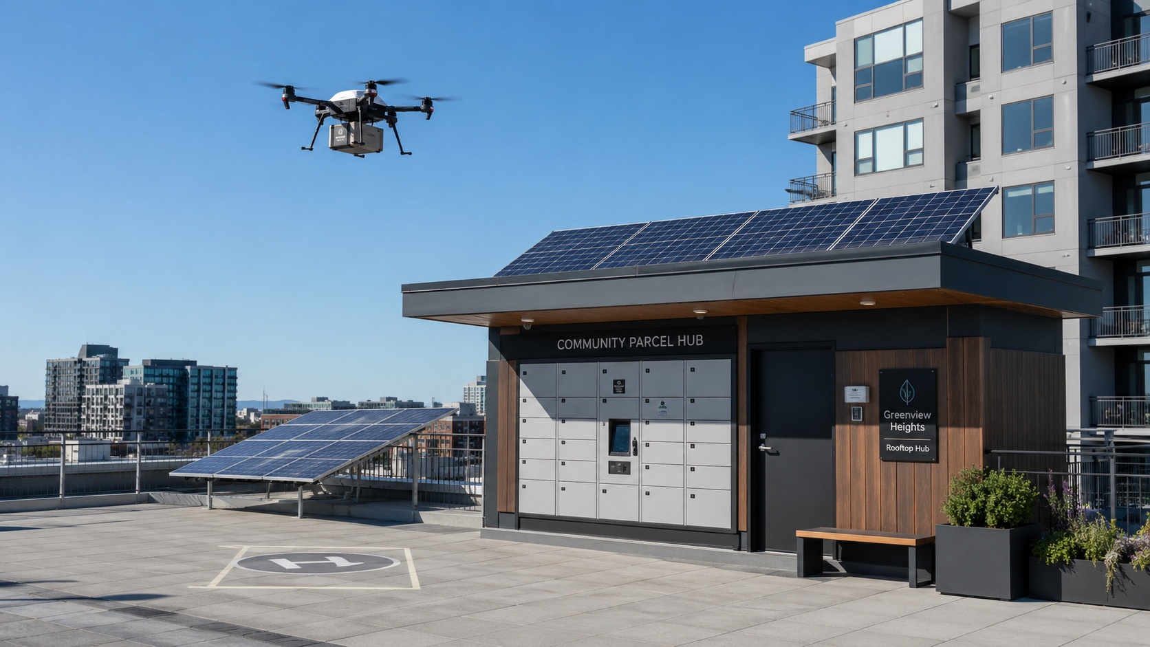 Automated rooftop logistics terminal for urban drone food delivery in a Chinese residential or commercial complex