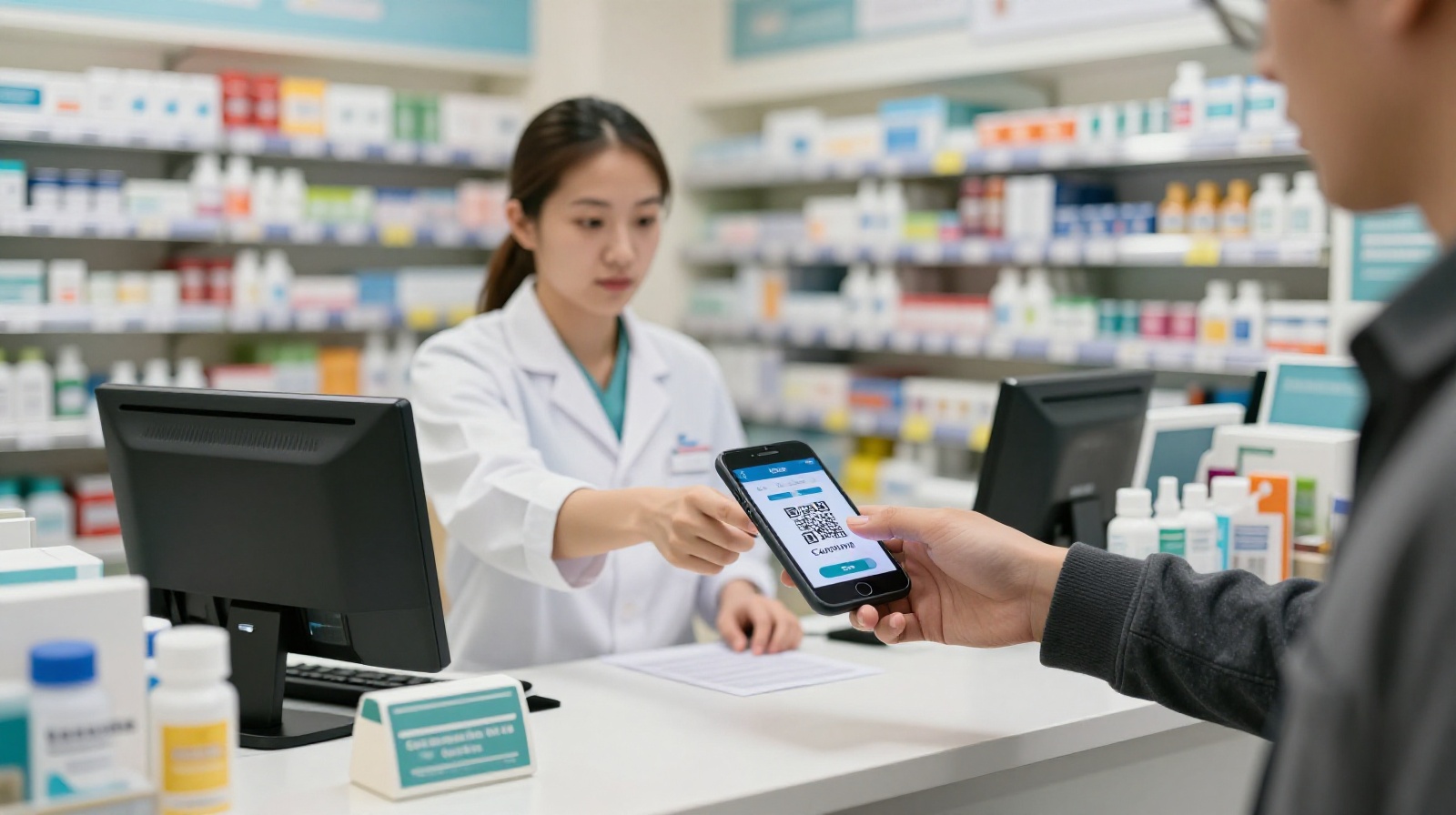 A customer using a smartphone to complete a local service transaction via WeChat mini-program at a neighborhood pharmacy counter.