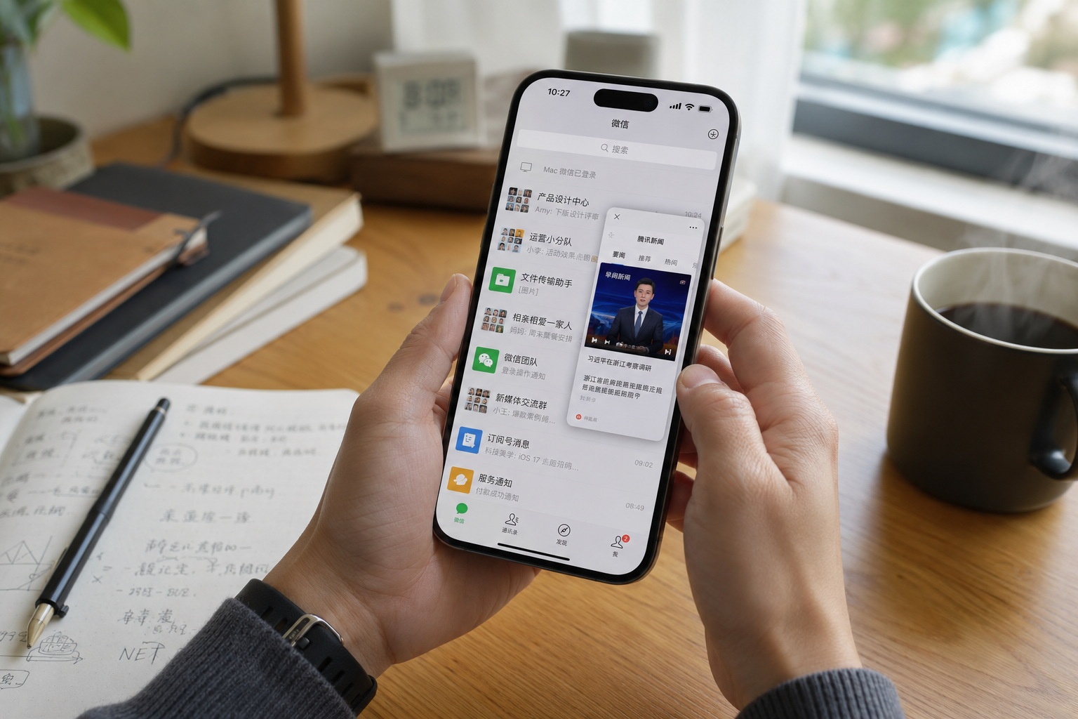 A smartphone displaying WeChat's floating window feature alongside active chat threads, demonstrating efficient multitasking in a daily workspace.