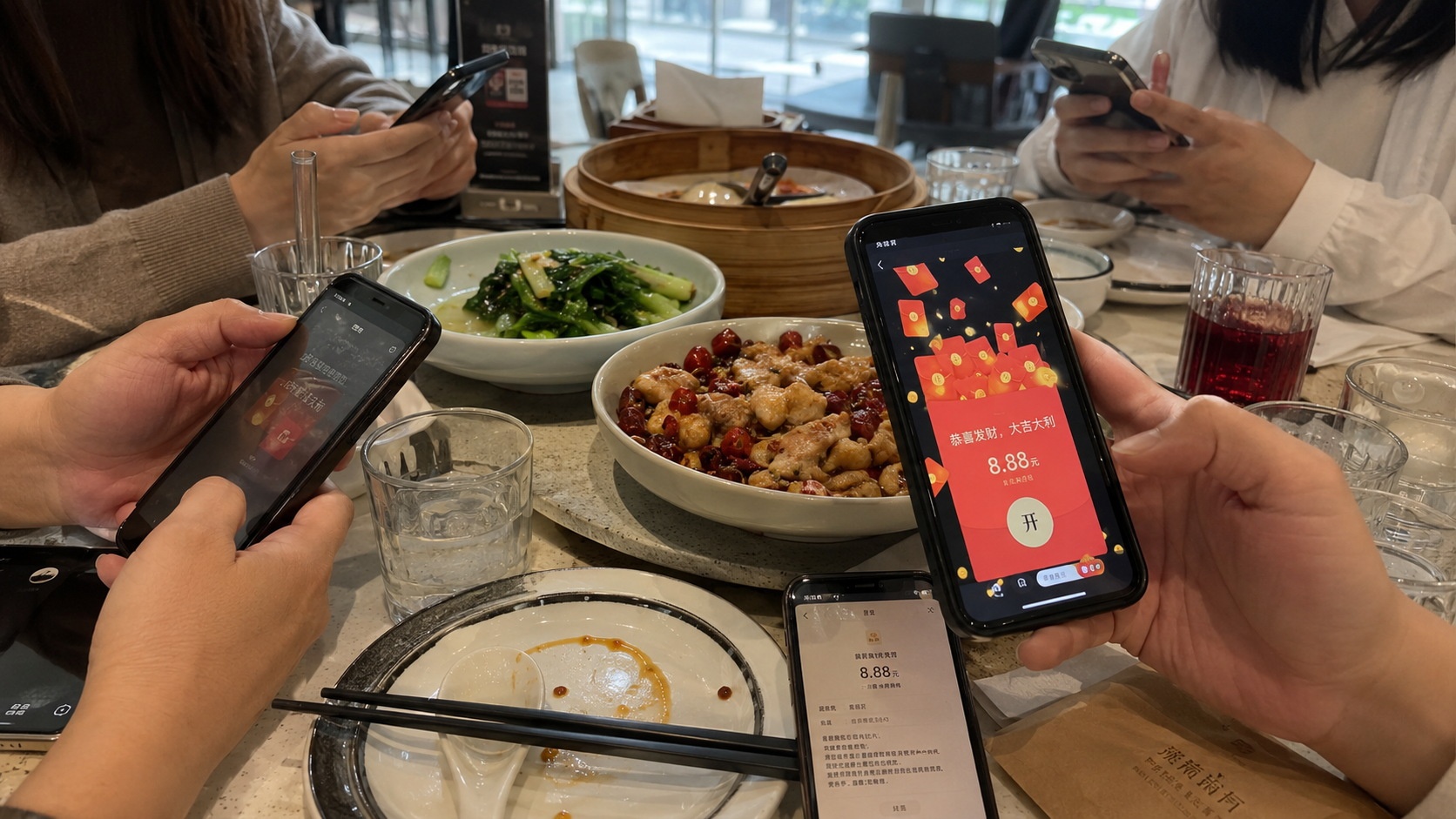 Multiple smartphones on a restaurant table showing WeChat red packet notifications, capturing casual social interaction and digital etiquette in China.