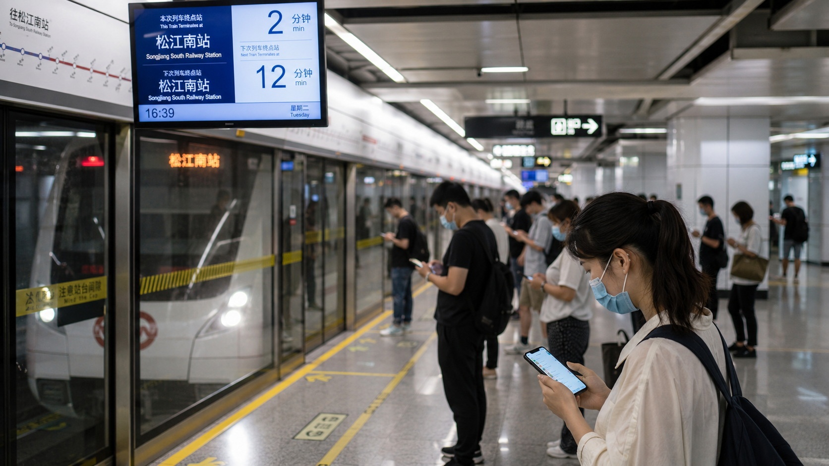 Commuters using smartphone apps to check transit schedules on a modern Chinese subway platform
