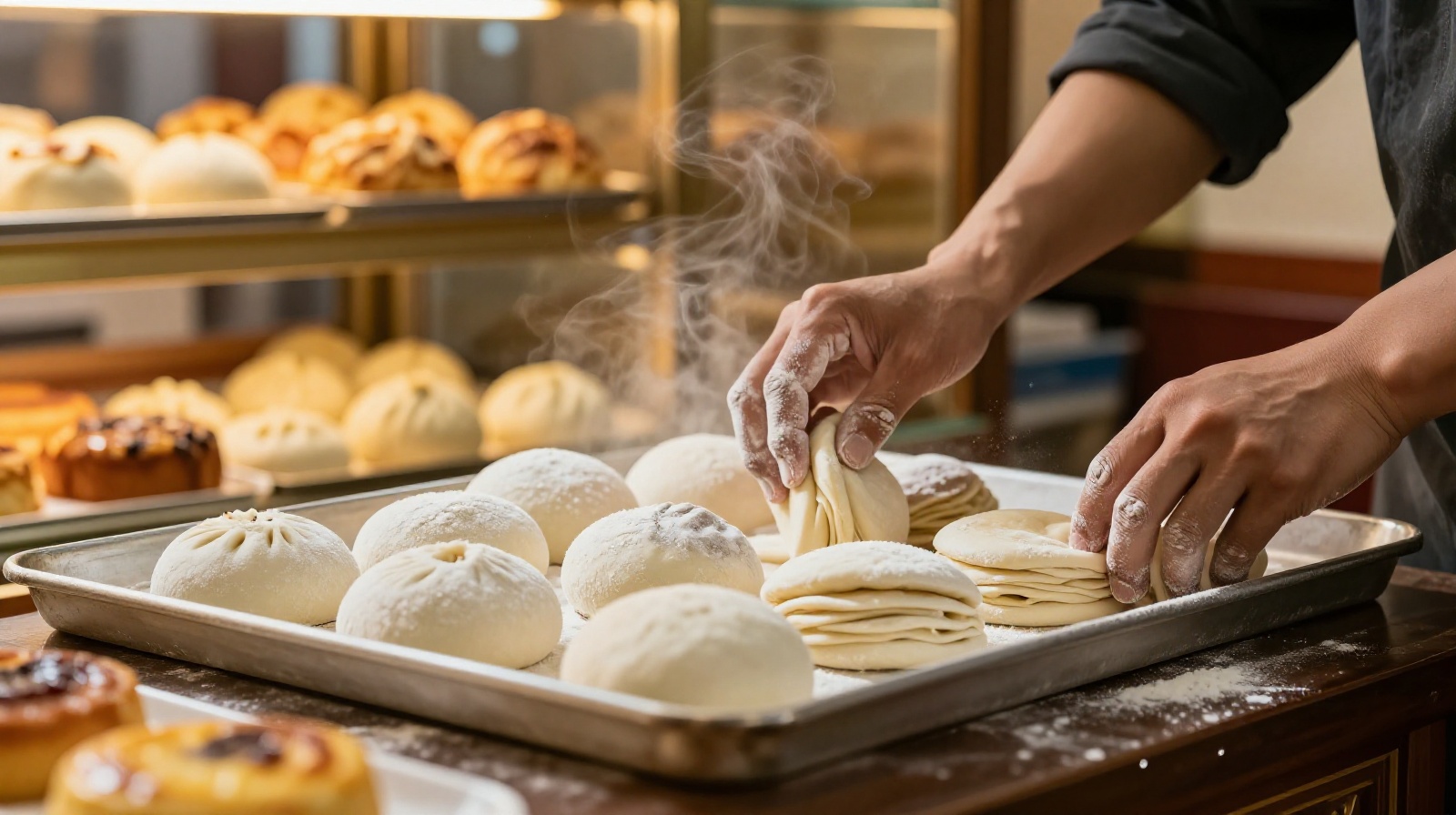 A baker preparing fresh Chinese pastries in a traditional bakery, with steam rising from bamboo steamers in the background.