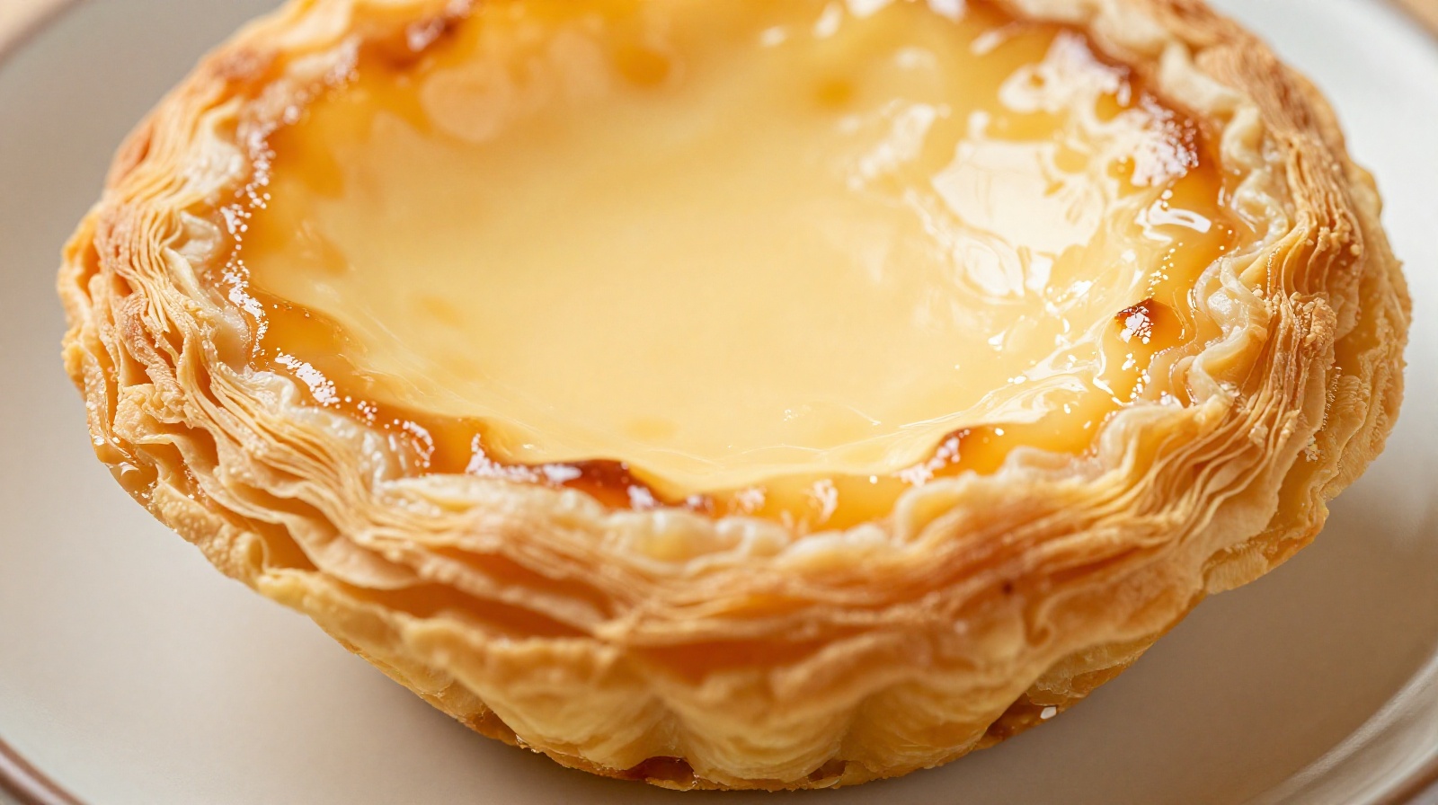 A close-up of a authentic Cantonese crispy egg tart with a flaky, layered crust and creamy custard filling.