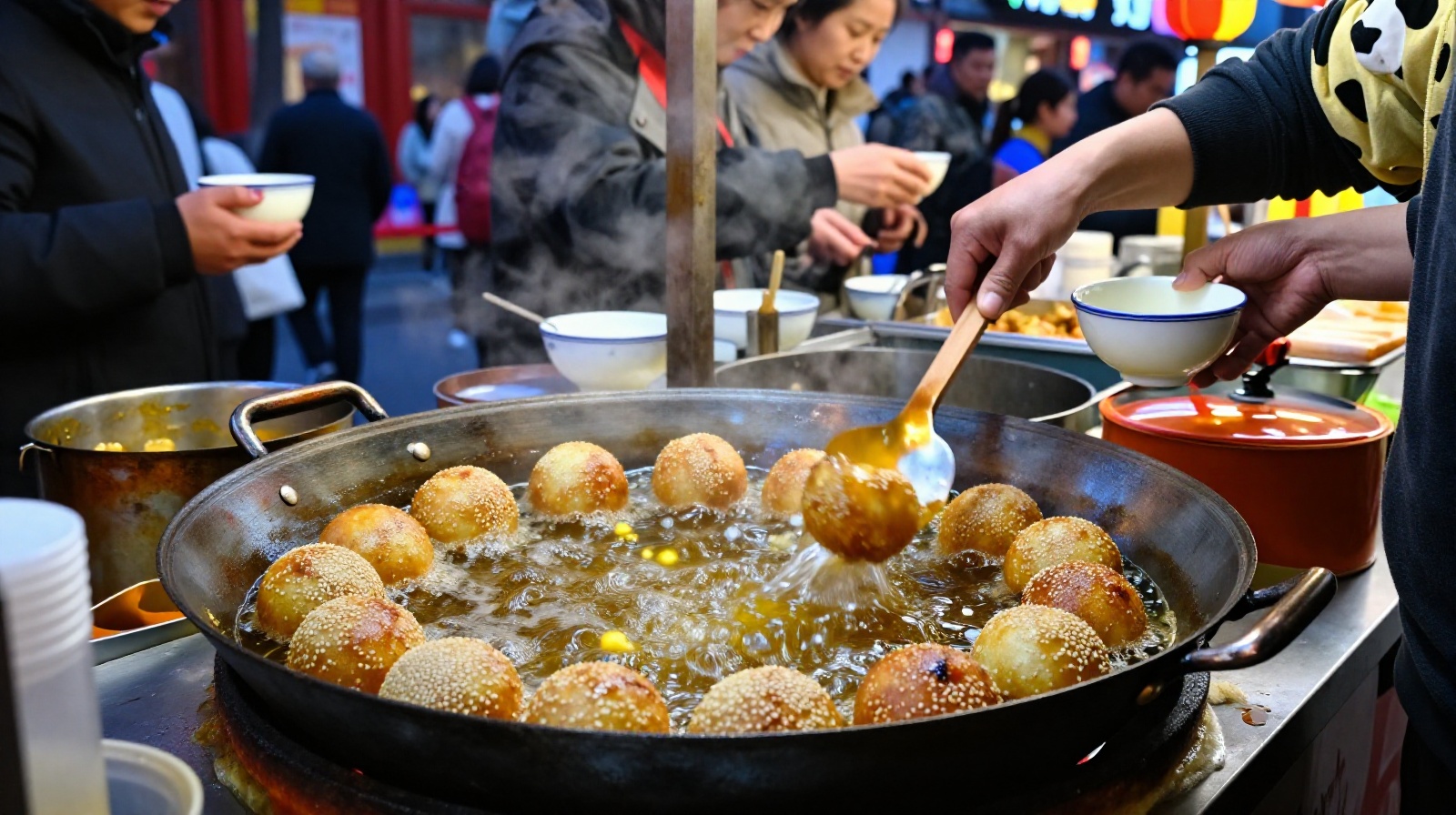 A vendor frying sesame balls (jian dui) at a bustling Beijing street food stall.
