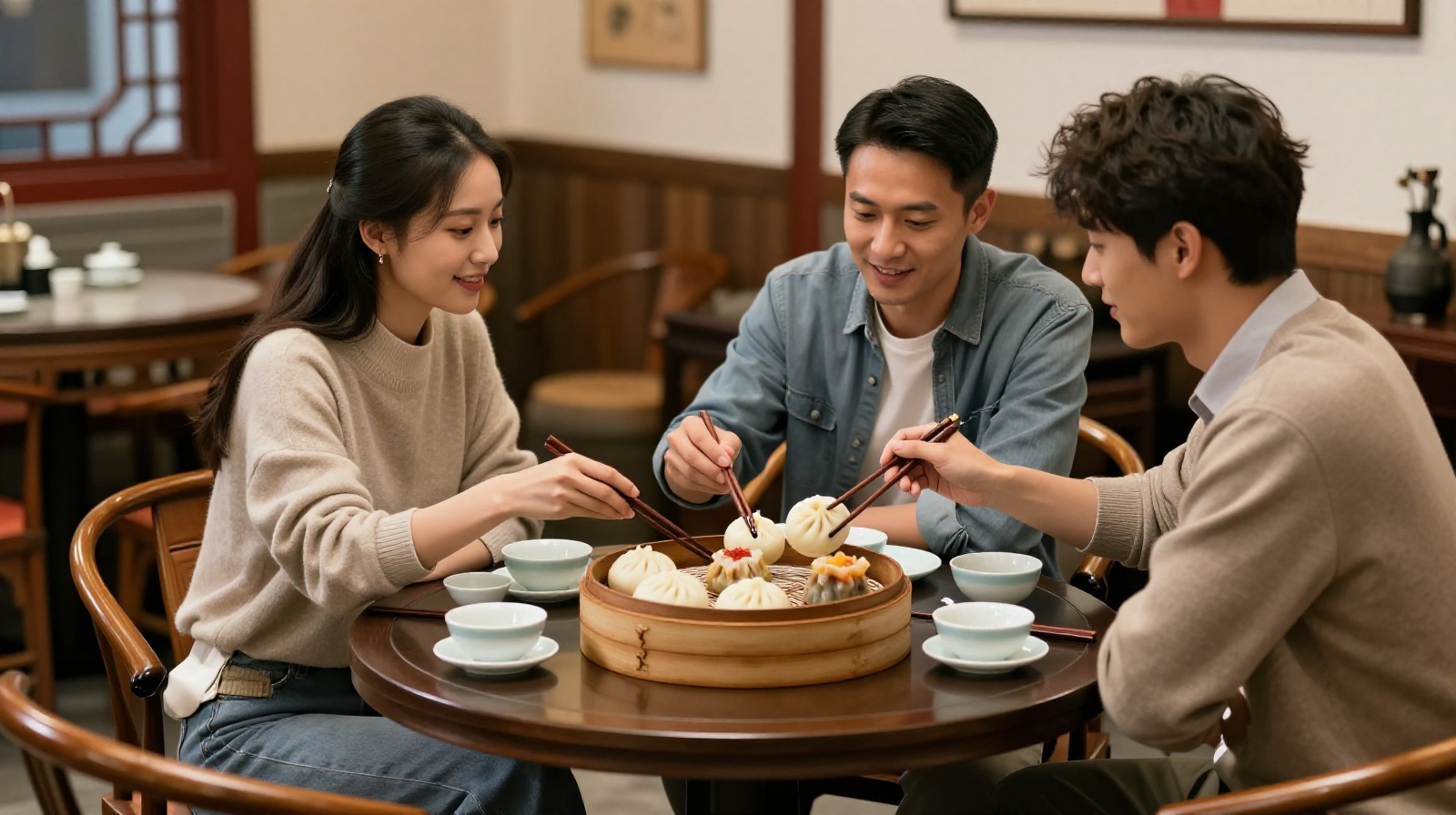 Friends sharing a variety of Chinese steamed buns and pastries at a traditional tea house.
