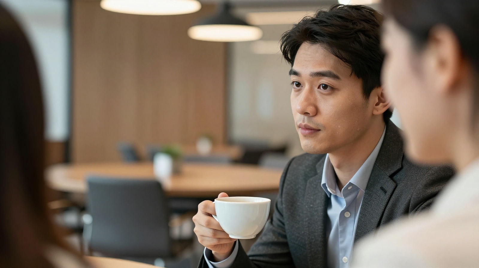 Two colleagues discussing business matters in a Shanghai office breakroom, highlighting the importance of reading body language and indirect communication.