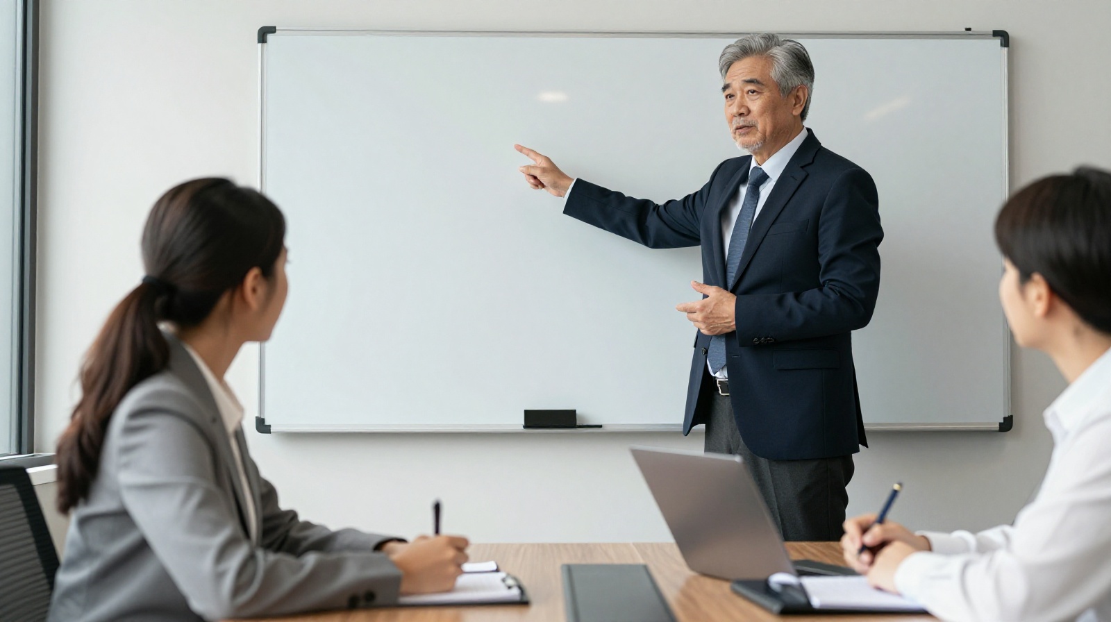 A junior staff member showing respect to a manager during a strategy session, illustrating hierarchy dynamics in Chinese workplaces.