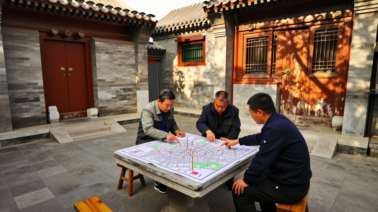 Residents and a community worker reviewing a hand-drawn parking map on a stone table in a Beijing hutong courtyard