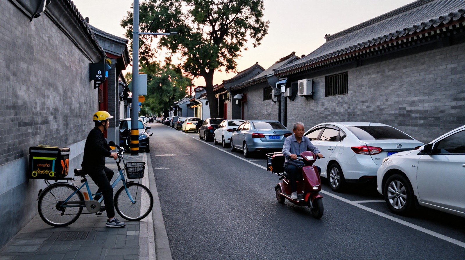 A cleared passage in a Beijing hutong allowing an elderly resident to pass between parked cars at dusk