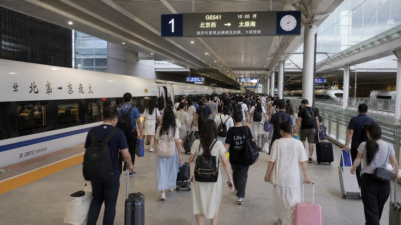 Passengers boarding a high-speed train at a modern Chinese railway station.