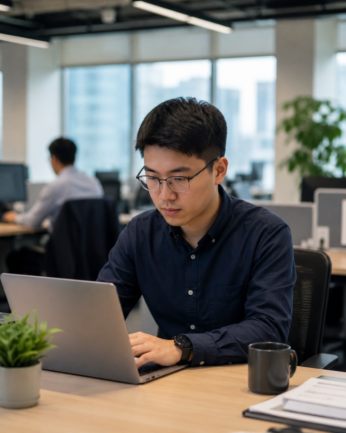 A young software engineer working at his desk in a tech company office in Hangzhou.