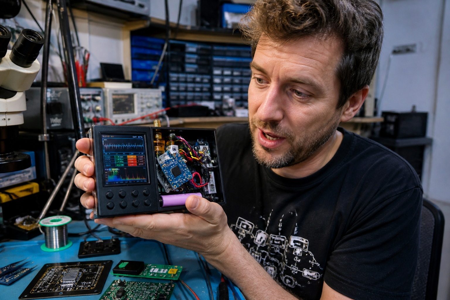 A tech reviewer examining a homemade hardware prototype in a busy Shenzhen electronics workshop