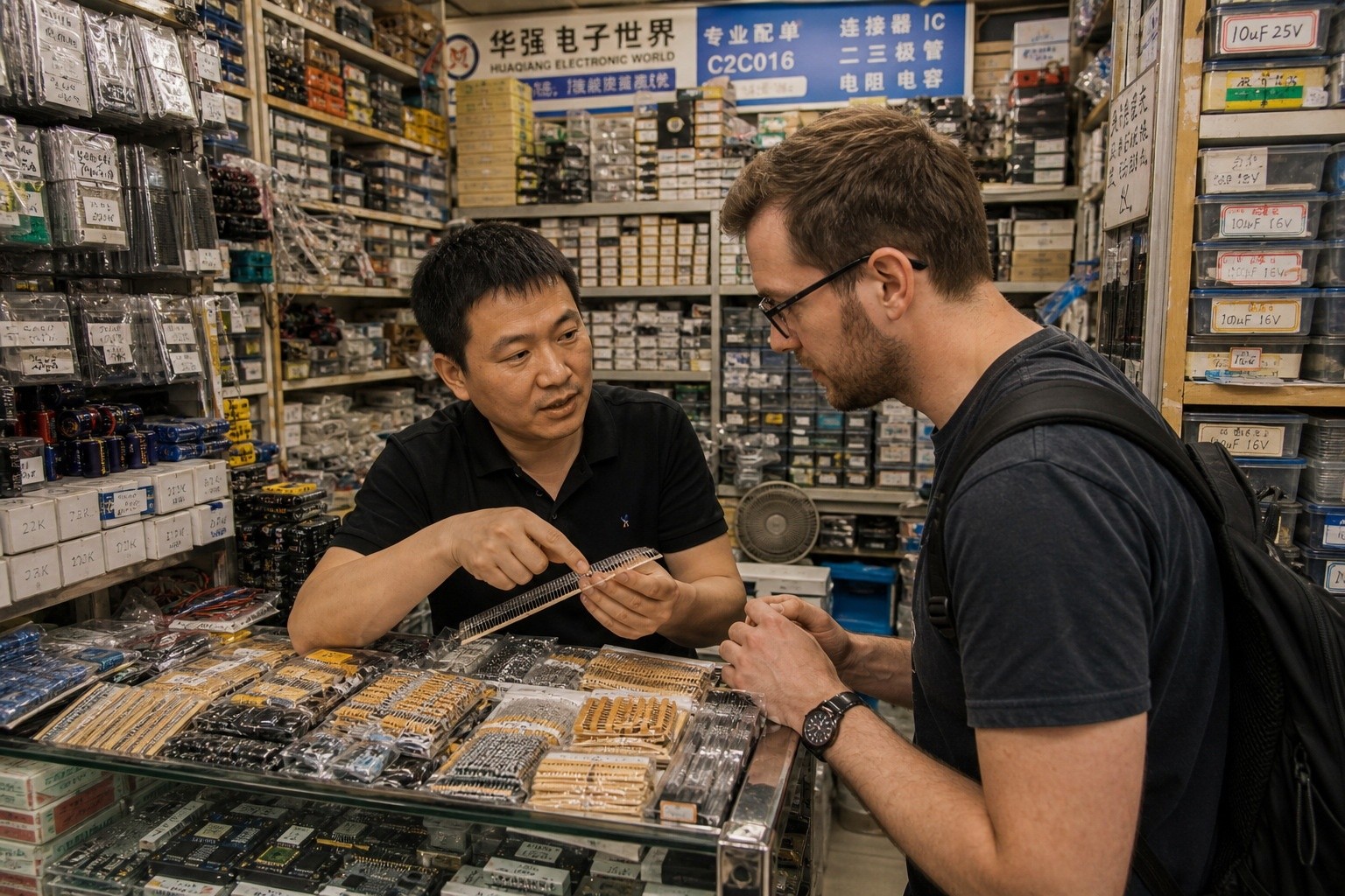 A local vendor explaining component options to a foreign tech enthusiast in a Huaqiangbei store
