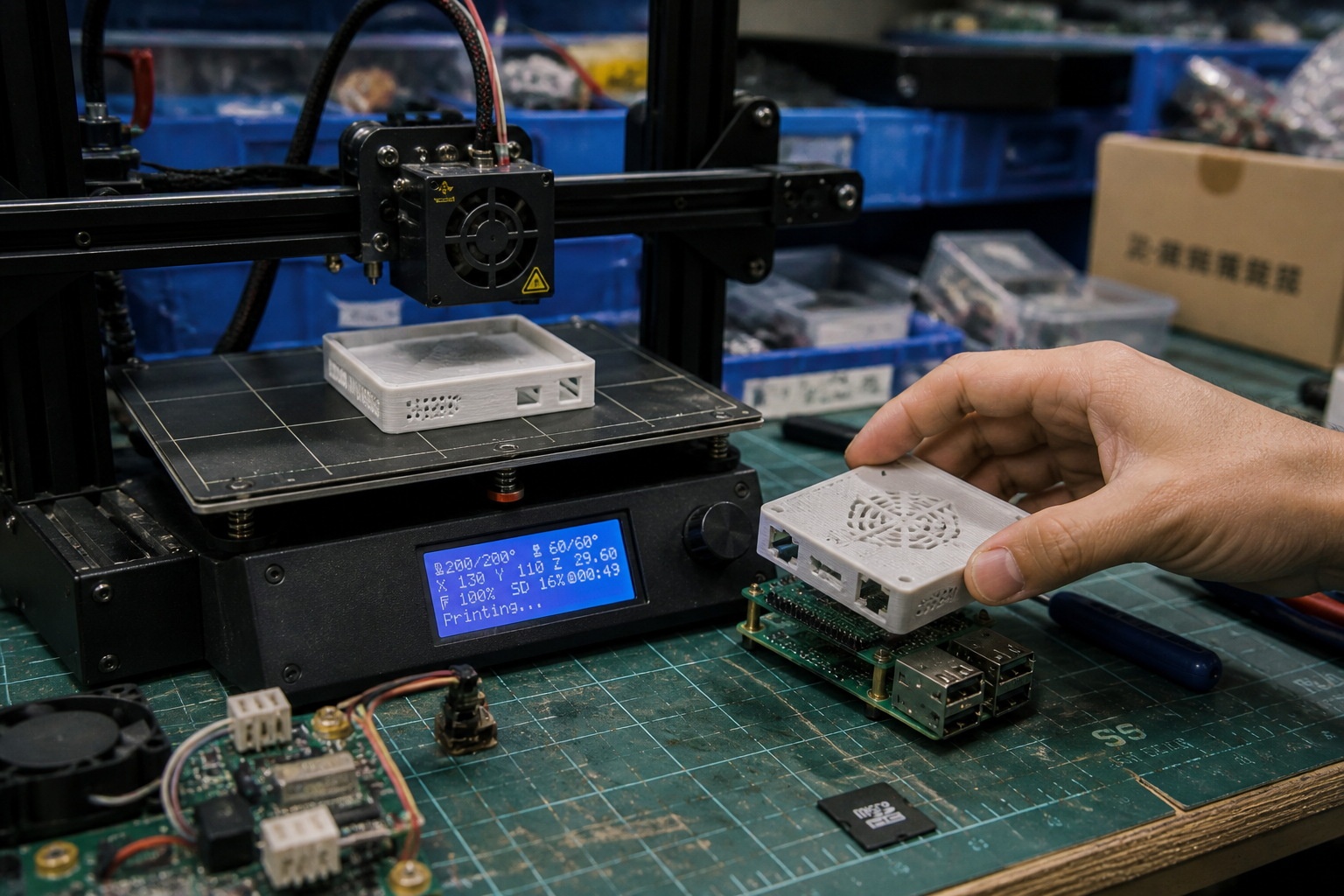A worker assembling a custom electronic device using locally 3D printed parts and circuit boards