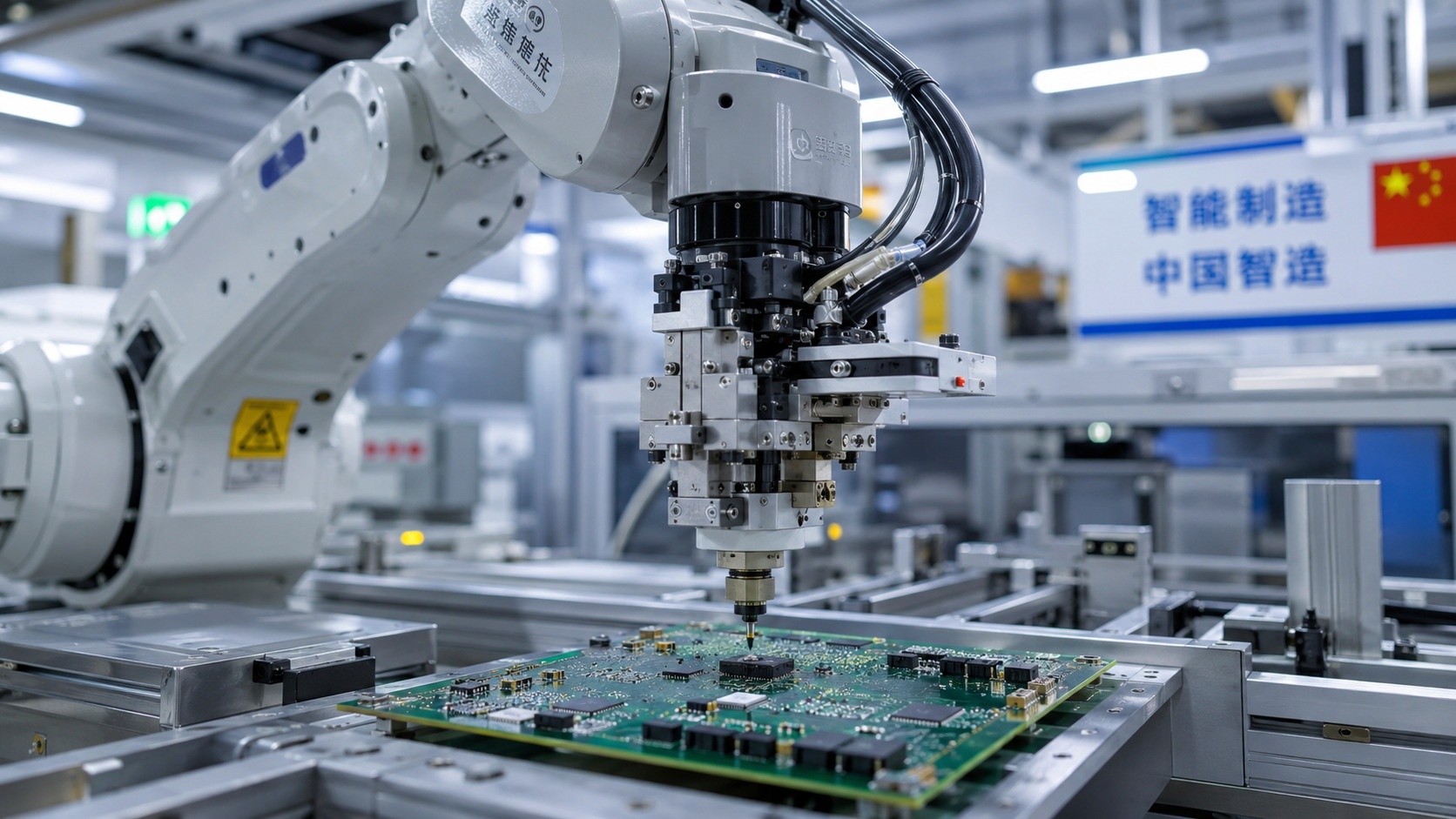 Robotic arm precisely placing a micro-component on a circuit board in a modern Chinese factory, highlighting automation and precision engineering.