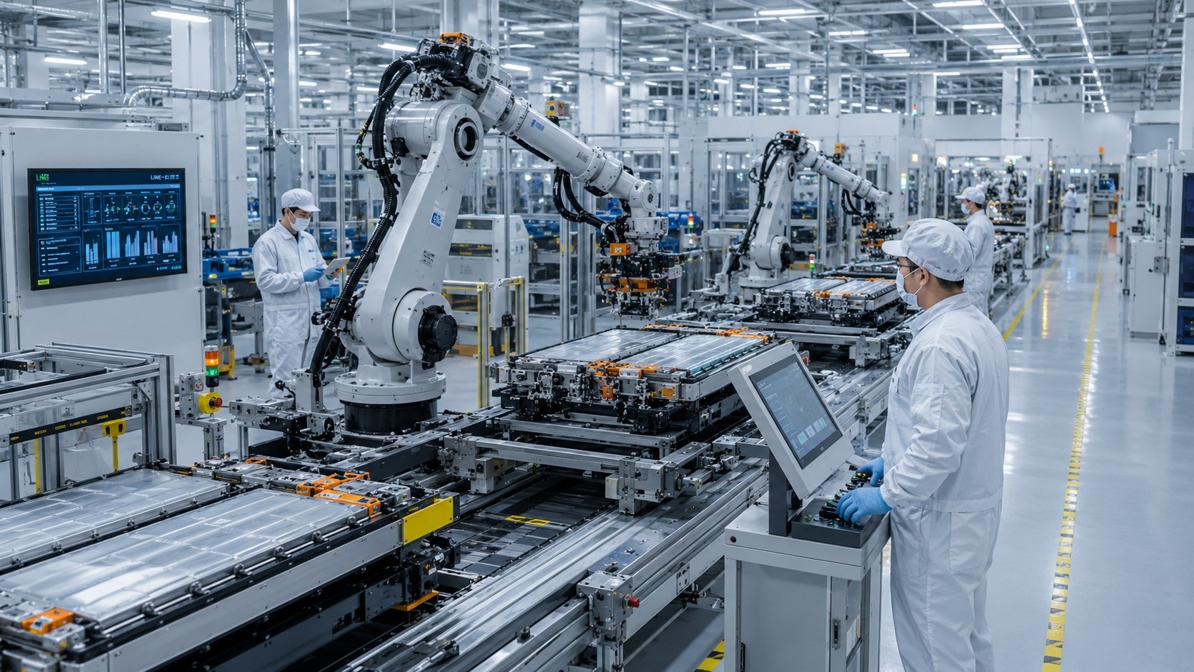 Automated assembly line for electric vehicle batteries in a high-tech manufacturing plant, showing the integration of robotics and human oversight.