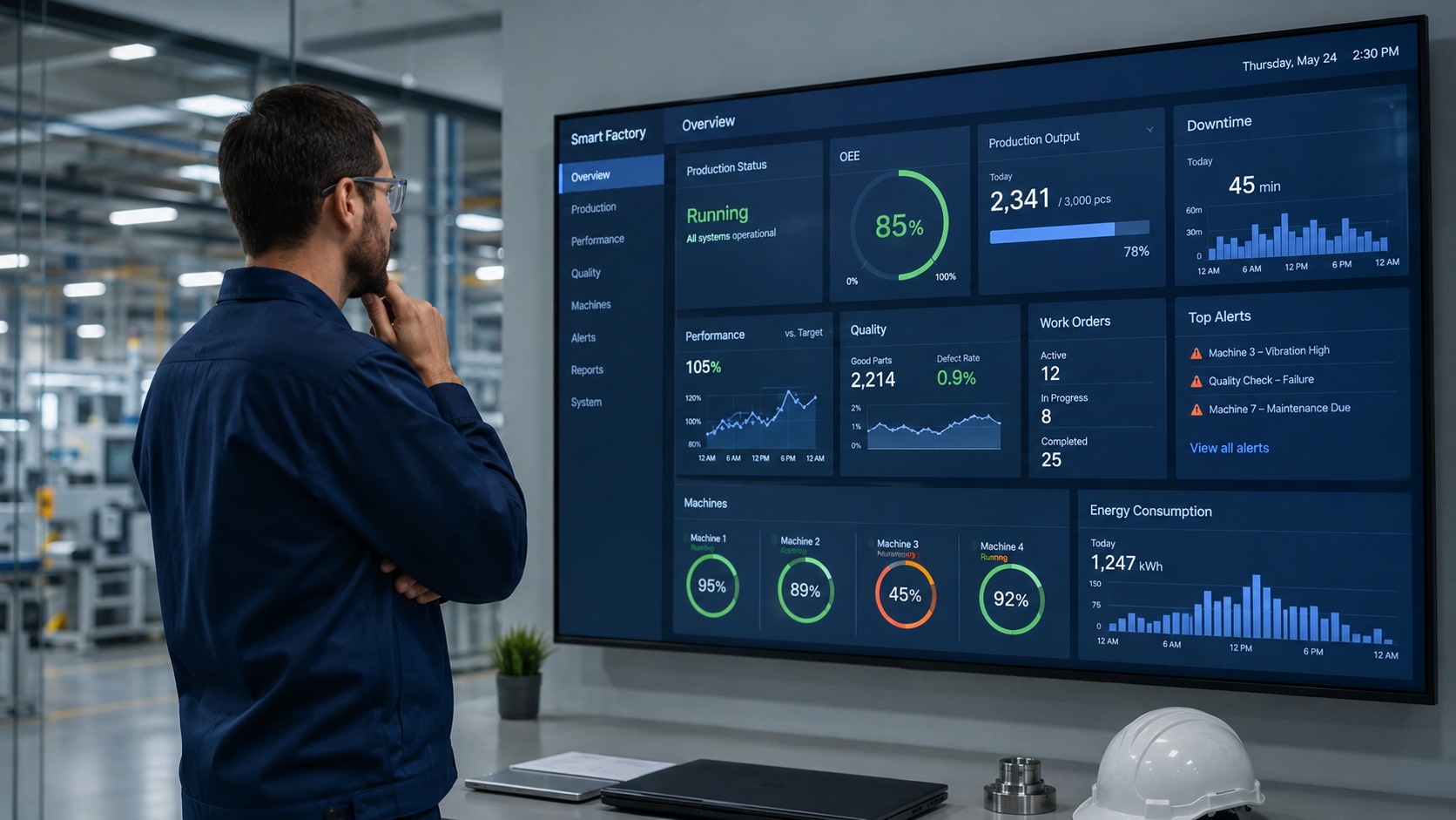 Factory engineer monitoring production data on a digital dashboard in a smart manufacturing facility, illustrating the role of AI and data analytics in industry.