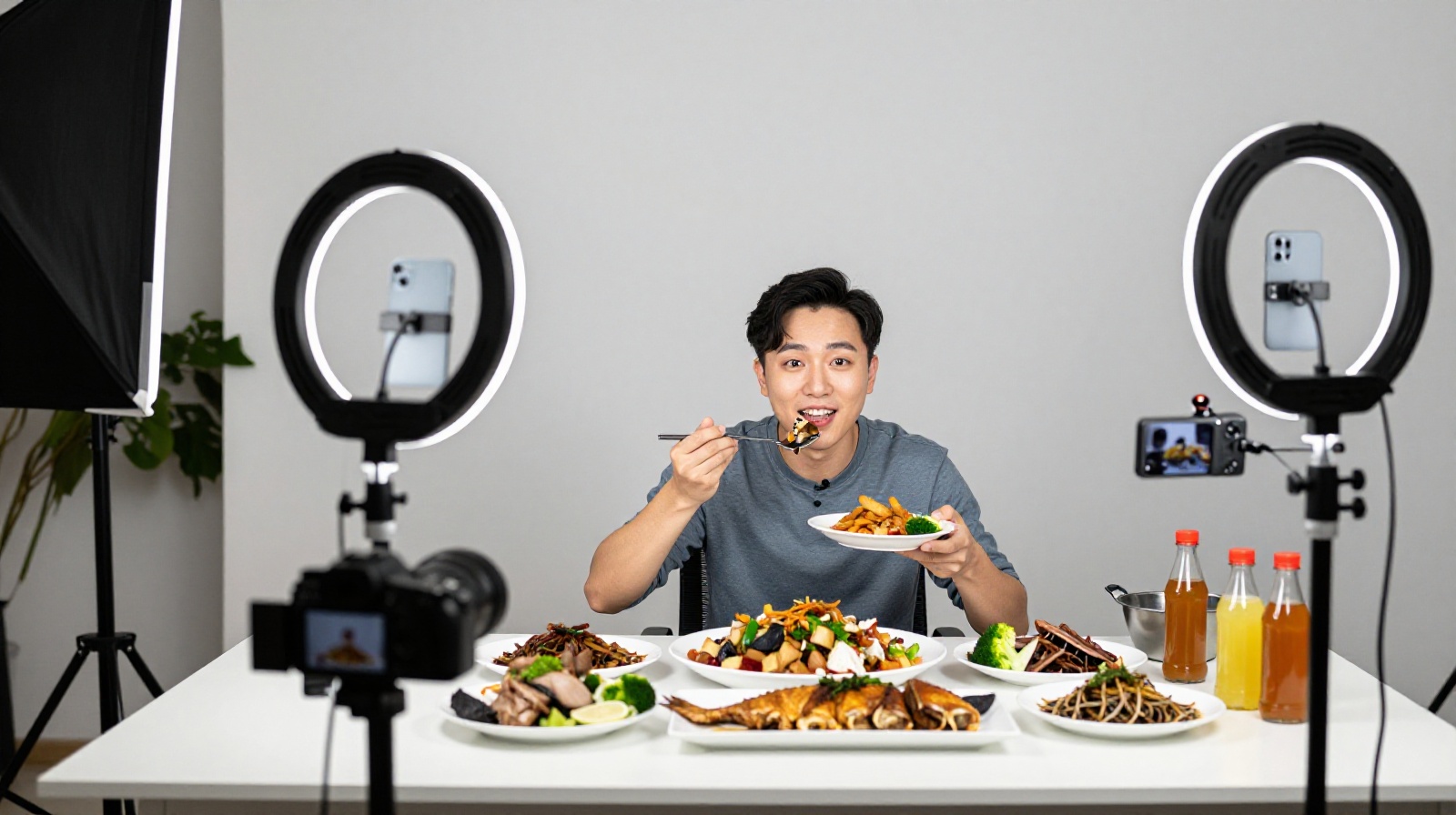 A food influencer preparing for a live stream in a professional studio setup with ring lights and cameras, showing the professionalization of the mukbang industry.