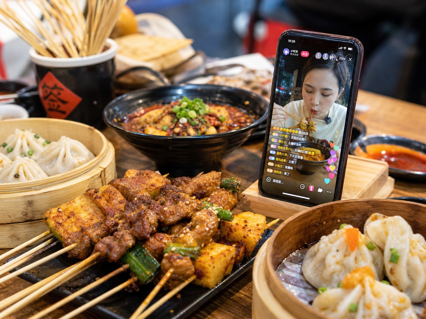 A close-up view of Chinese street food next to a smartphone displaying a mukbang live stream, highlighting the connection between physical meals and digital entertainment.