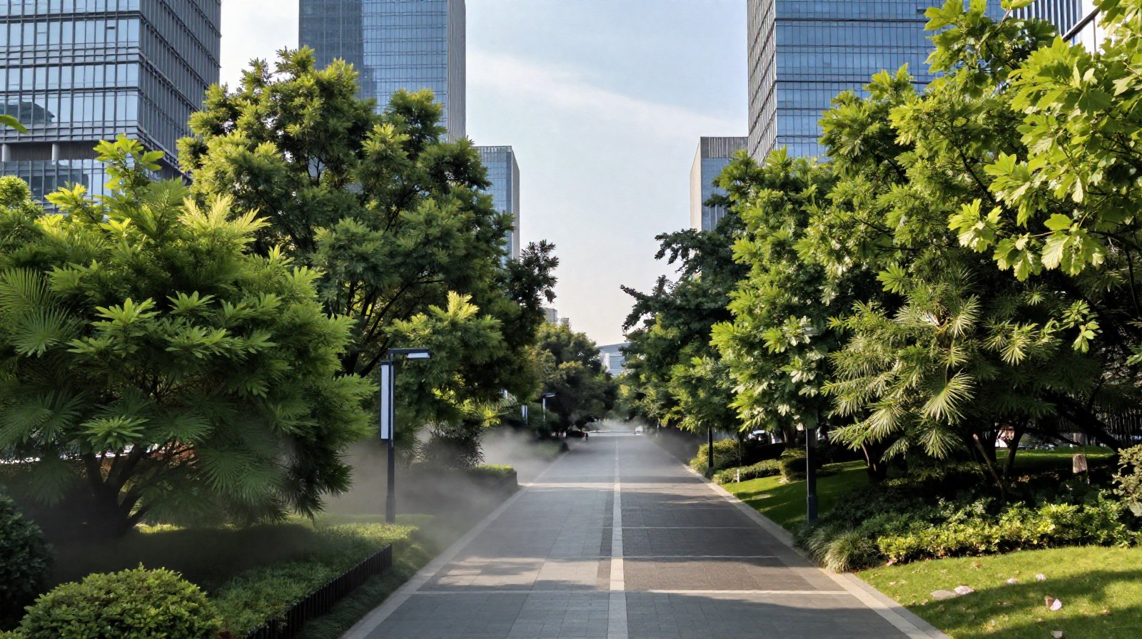 A shaded green corridor in Hangzhou's Qianjiang New Area lowering street-level temperatures through urban tree planting and smart cooling infrastructure.