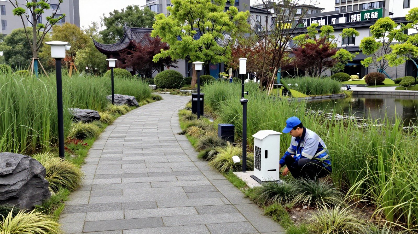 Municipal staff using digital sensors to manage a hybrid traditional-modern green space in Hangzhou, illustrating data-driven sustainable city planning.