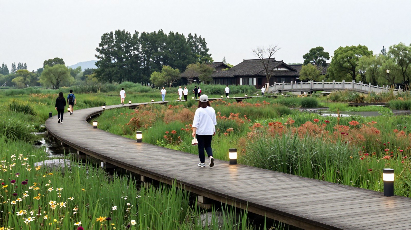 Visitors strolling along a restored wetland trail in Hangzhou that combines traditional ecological design with modern sustainable tourism infrastructure.