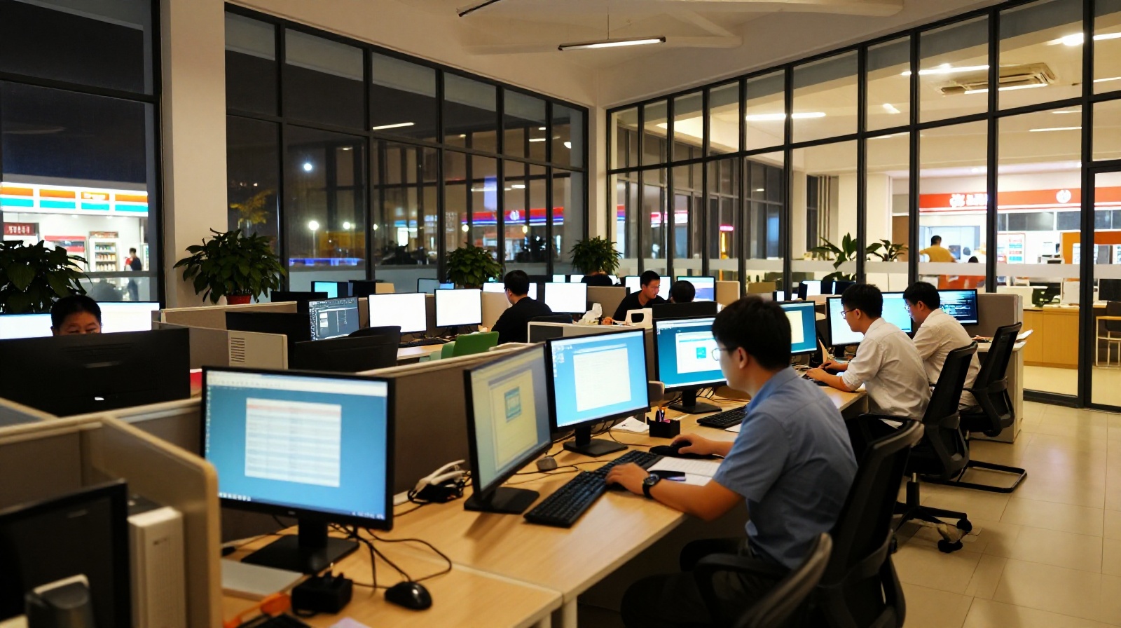 Engineers working late in a modern Chinese technology park corridor at night