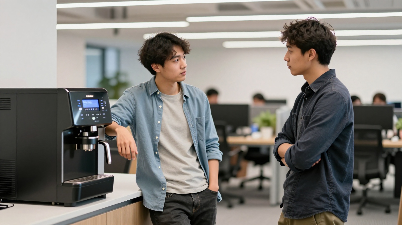 Young software developers discussing work-life balance during a late-night coffee break