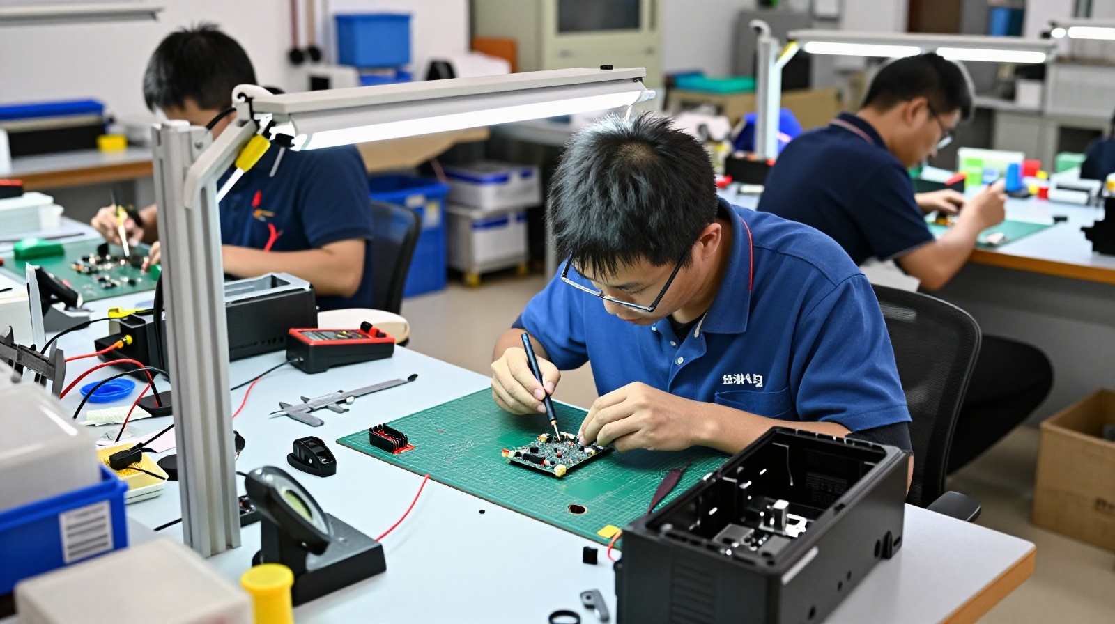 Engineers assembling a smart hardware prototype in a Shenzhen workshop, showing the hands-on environment of rapid industrial prototyping.