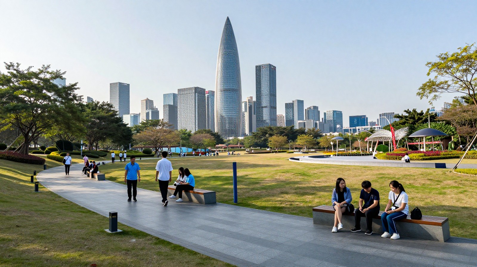 Visitors resting in Lianhuashan Park with Shenzhen's innovation district skyline in the background, illustrating the city's urban public space planning.
