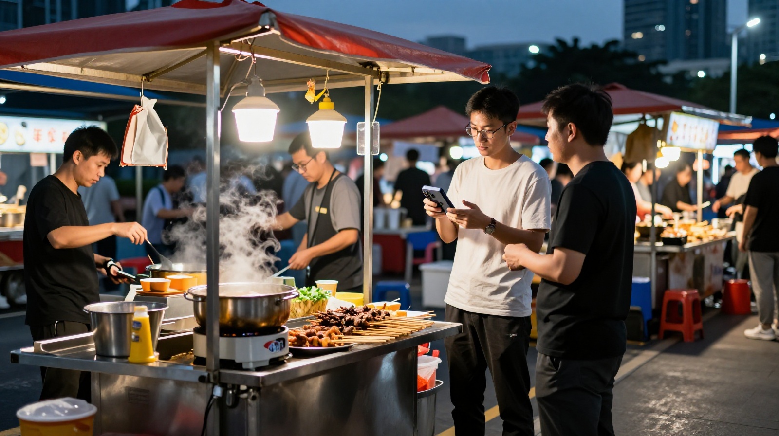 A designer discussing a hardware prototype with a community resident at a Shenzhen night market, highlighting real-world user interaction.