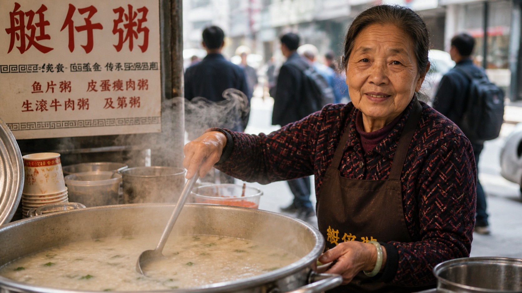 Close-up of an elderly woman stirring congee at a traditional Guangzhou street food stall, illustrating long-term local livelihoods.