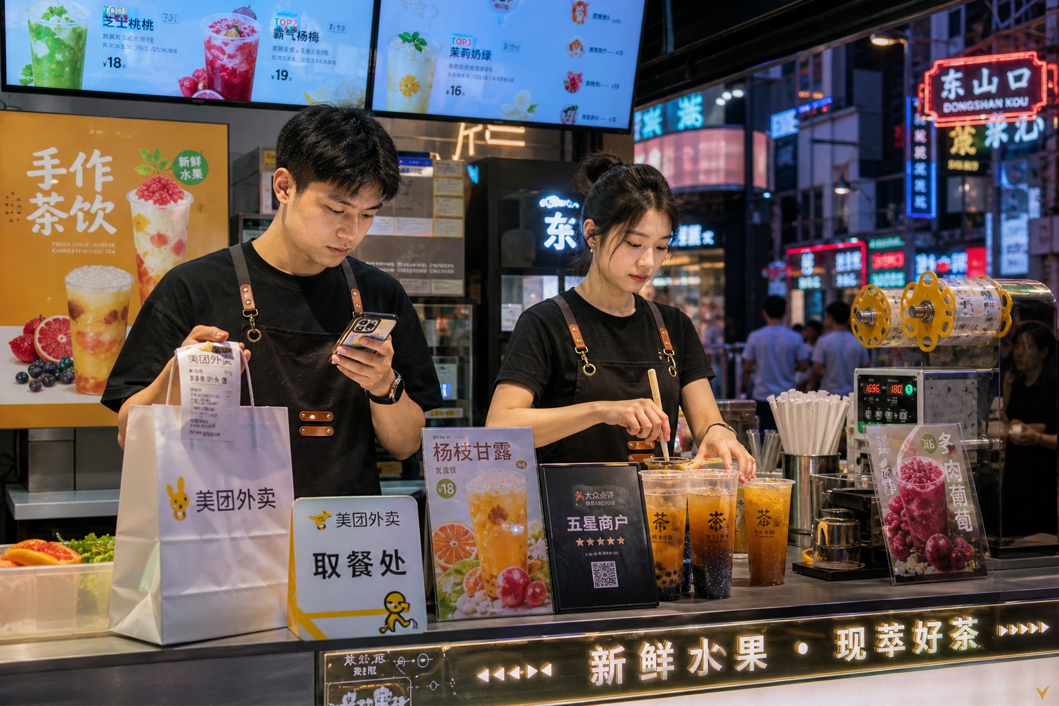 Young couple operating a digital-connected street food stall in Guangzhou, highlighting the role of delivery apps and social media in small businesses.